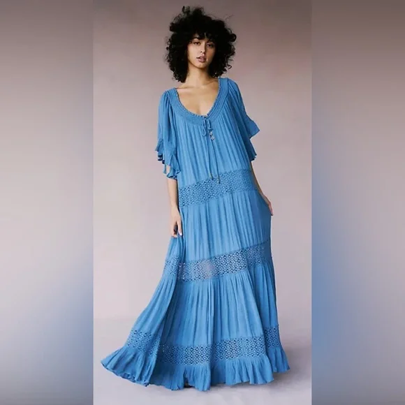 NWOT Free People Dream On Maxi Dress Coastal Blue Embroidered Lace Detail Sz Sm - Picture 3 of 16
